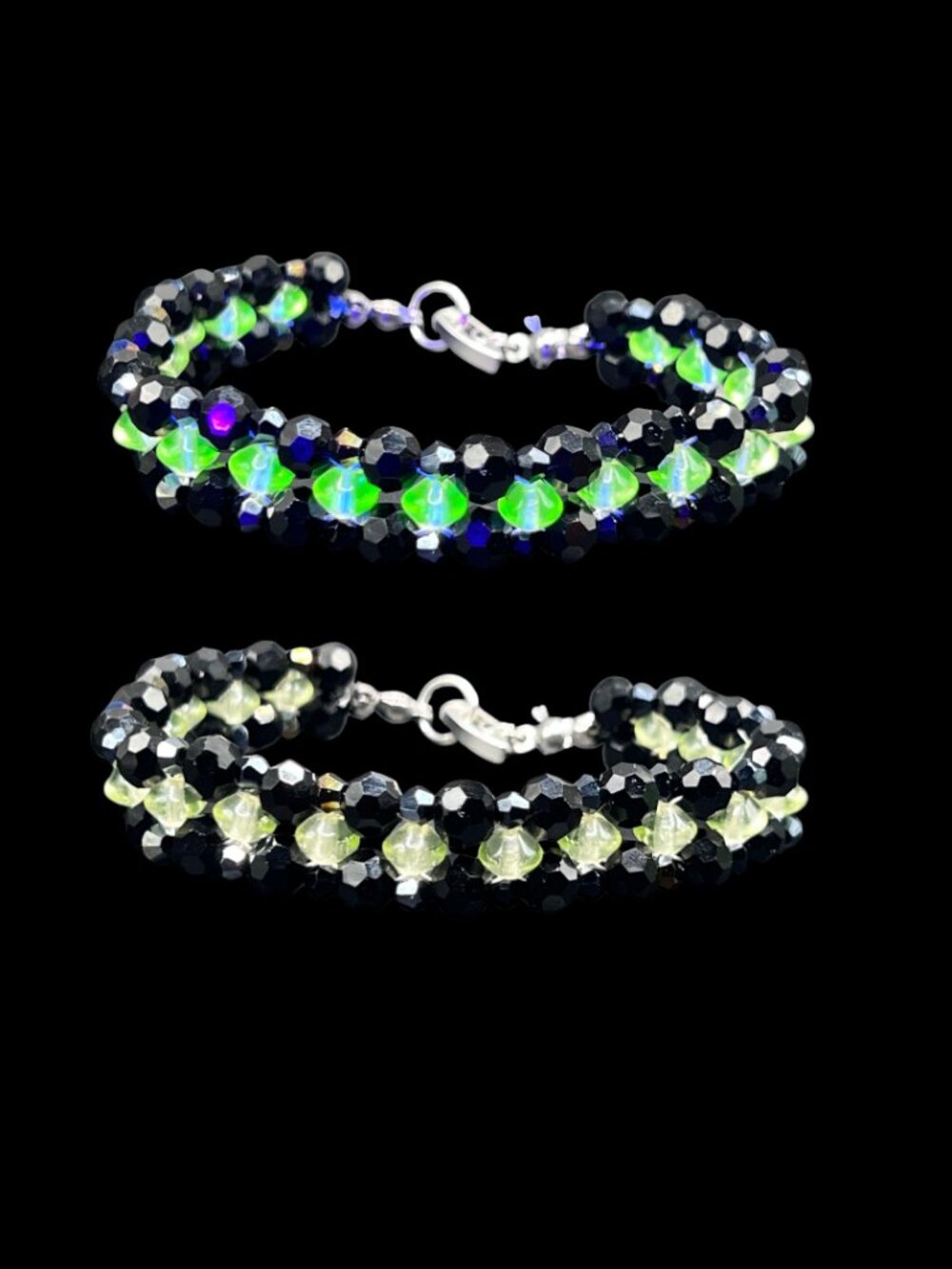 Handmade Beaded Bracelet With Uranium Glass Beads Black Yellow-Green 7.5"